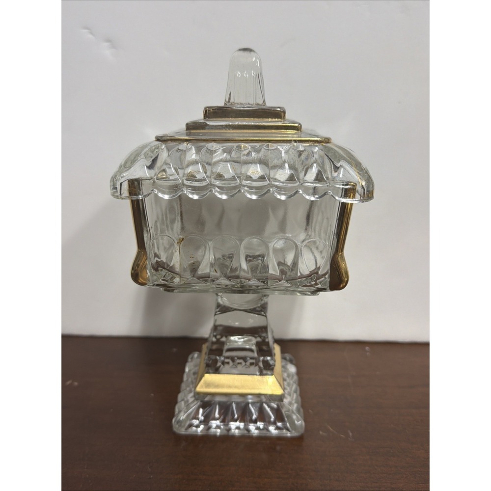 Jeannette Wedding Box candy dish with lid vintage Gilded Clear Glass Gold Trim